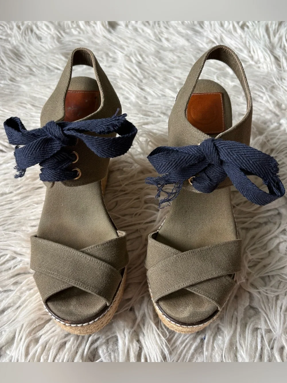 Tory Burch Gabe Lace Up Canvas Olive Green Platform Sandal Espadrilles Size 38